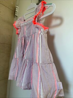 Juicy Couture Lilac Pink and Gold Striped Tiered Dress with Neon Coral Trim